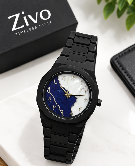 Premium Black Metal Watch – Elegant Blue & White Dial